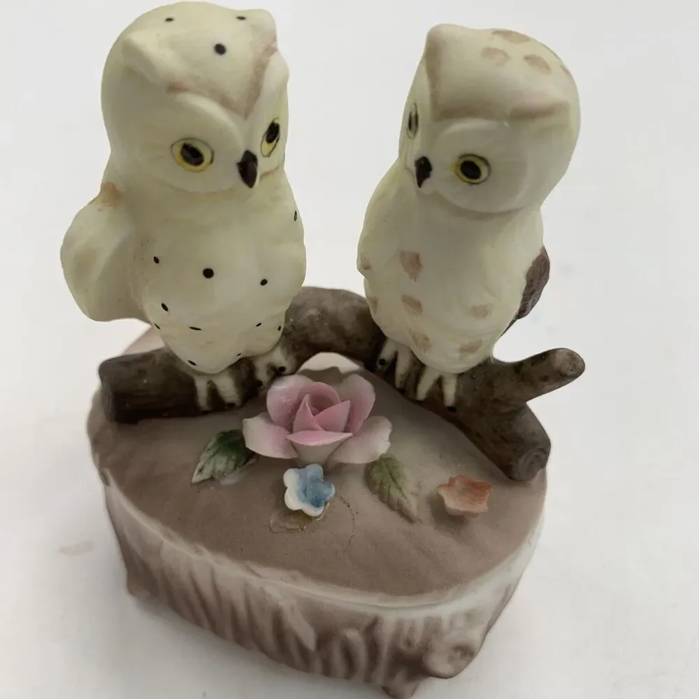 LEFTON China Trinket Box Perched Owls Delicate Floral Accent Brown Number 05090